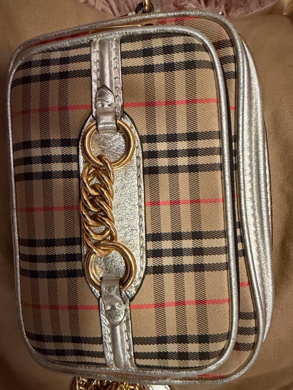 Burberry Beige Check Crossbody with Gold Chain and Silver Trim - Picture 2 of 8